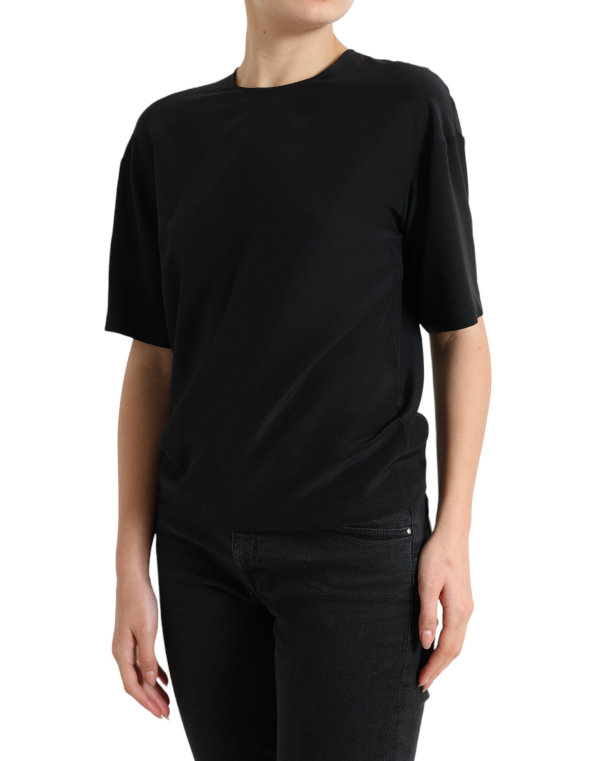 Blusa elegante con cuello redondo en mezcla de seda