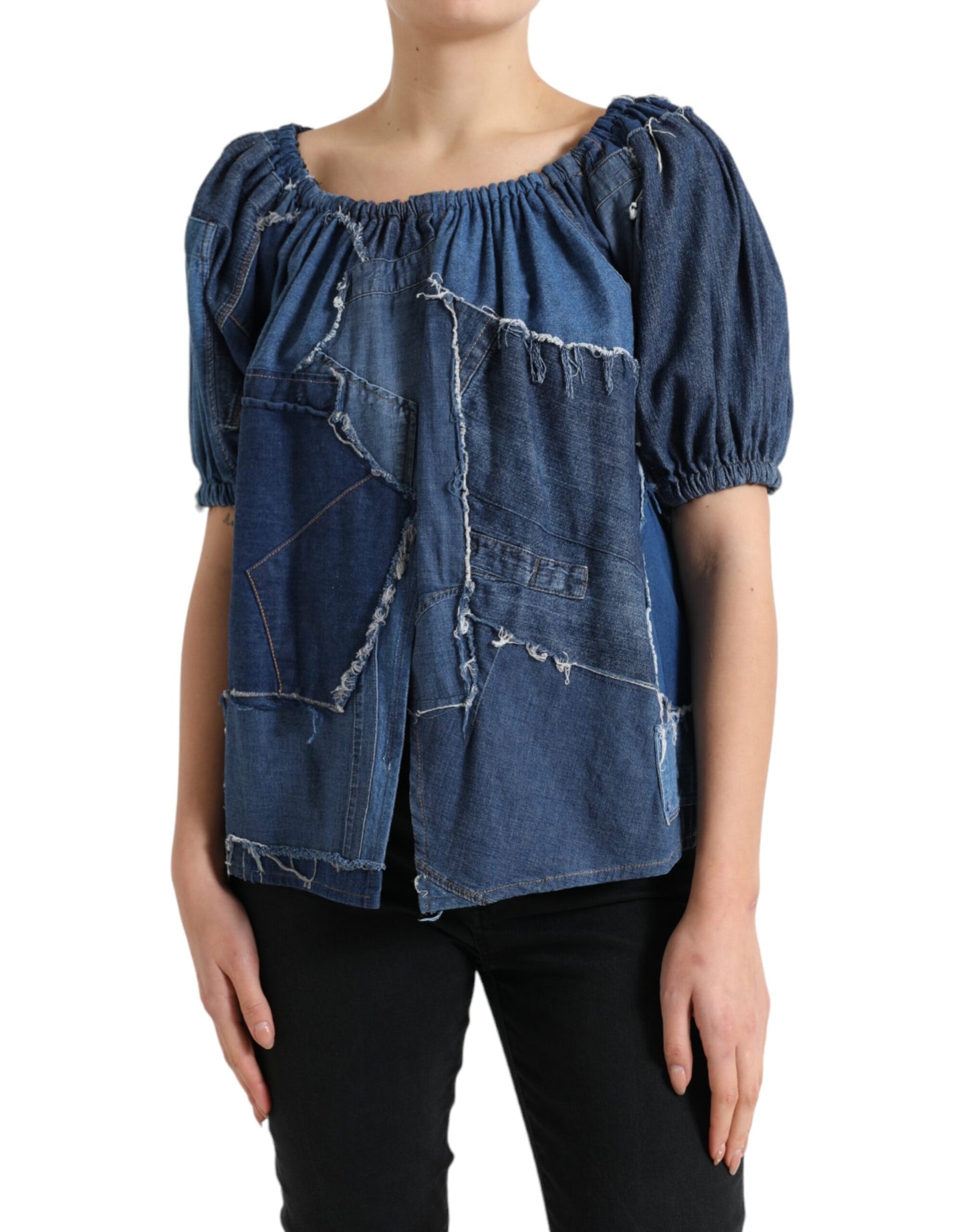 Blauwe patchwork denim blousetop met korte mouwen