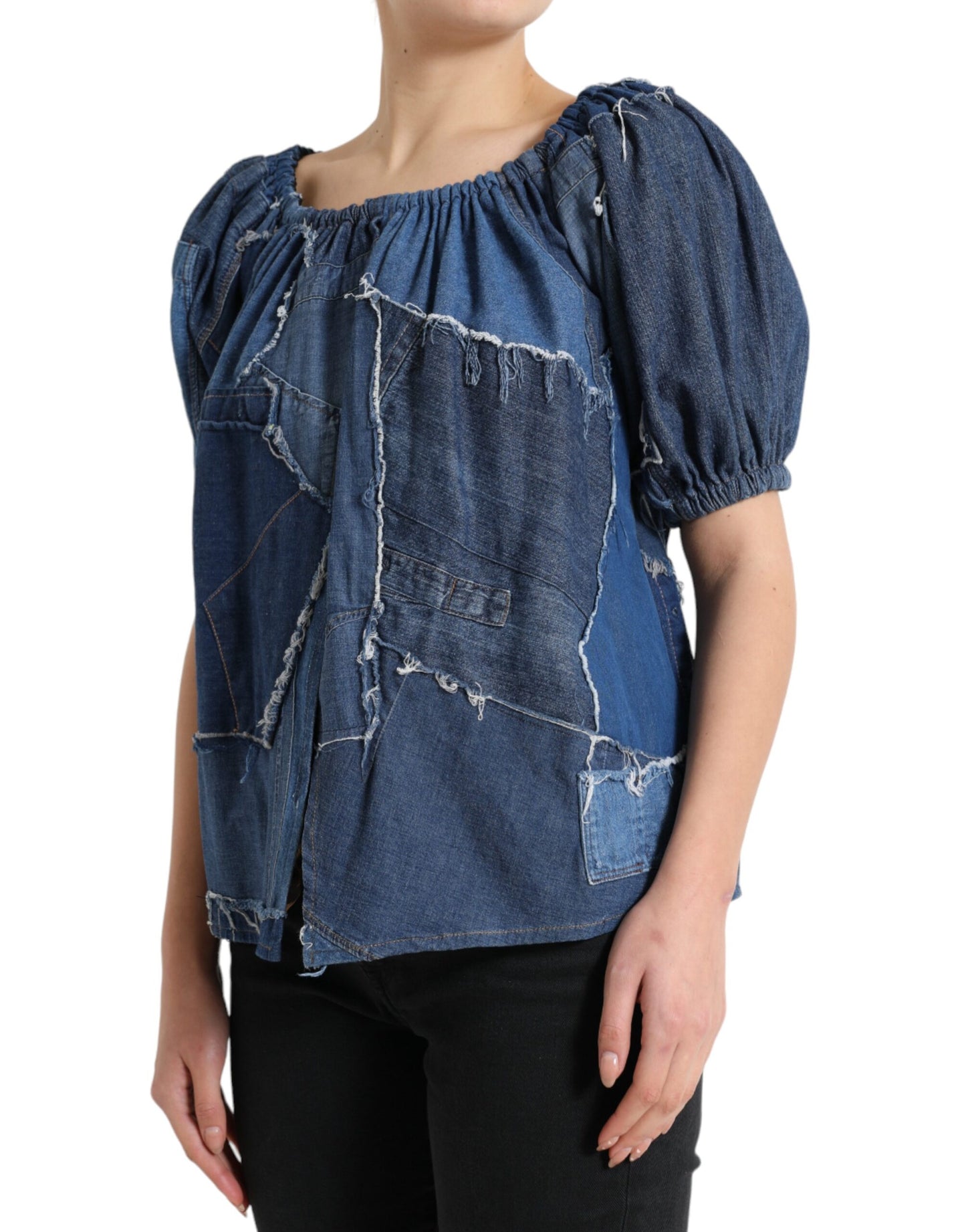 Blauwe patchwork denim blousetop met korte mouwen