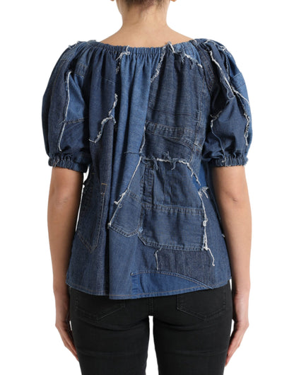 Blauwe patchwork denim blousetop met korte mouwen