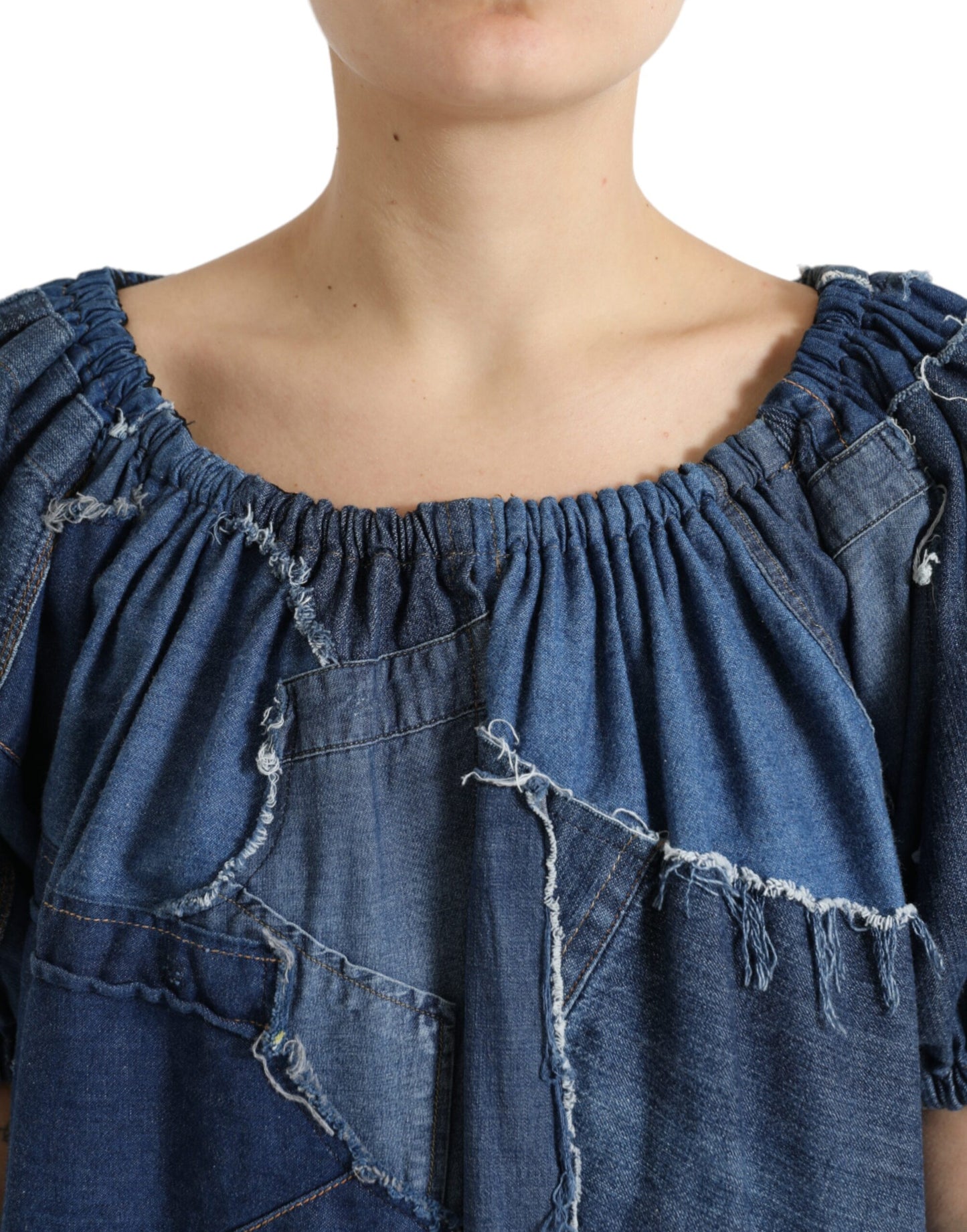 Blauwe patchwork denim blousetop met korte mouwen