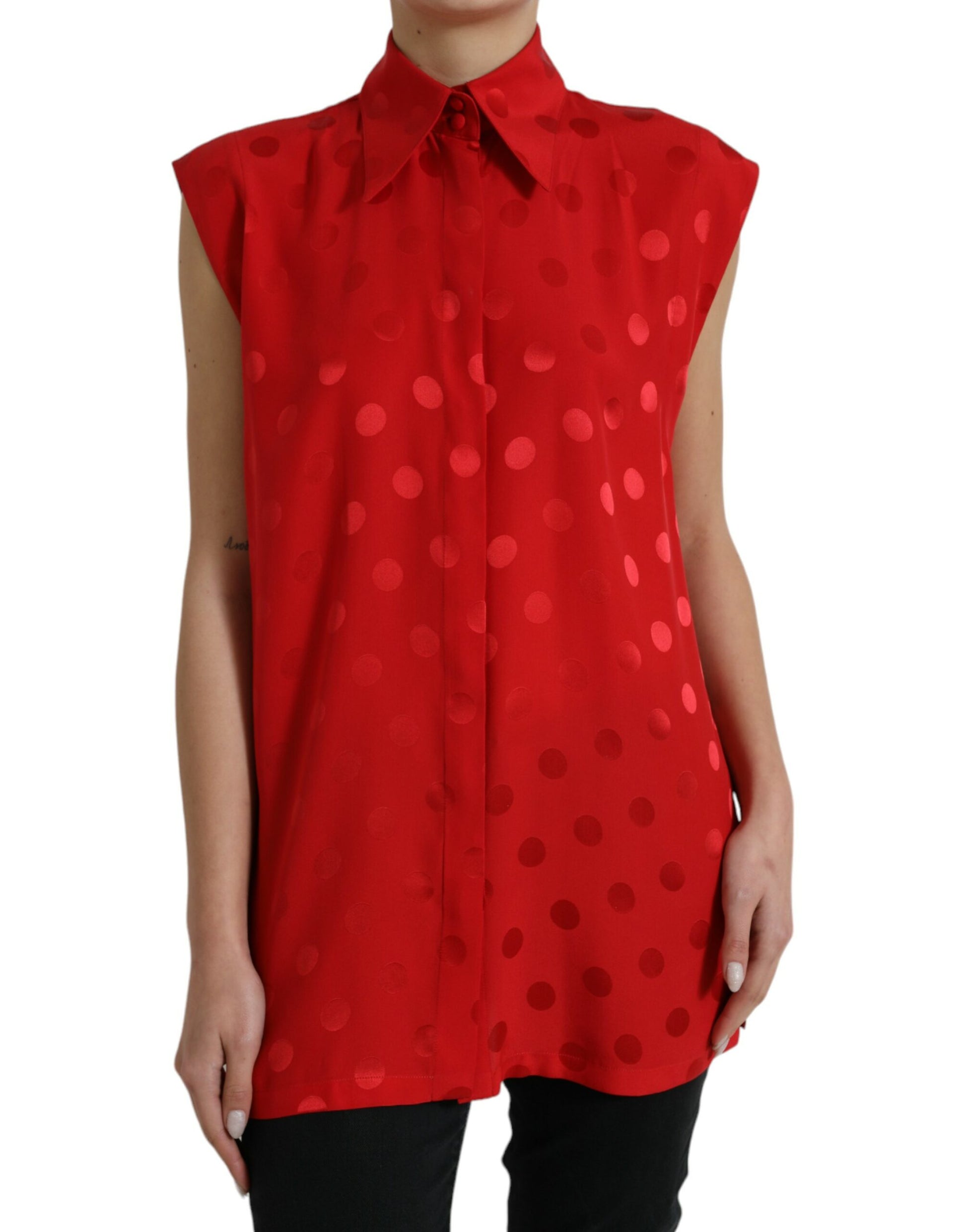 Rode polkadot mouwloze blousetop met kraag