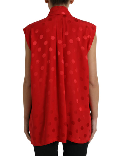 Rode polkadot mouwloze blousetop met kraag