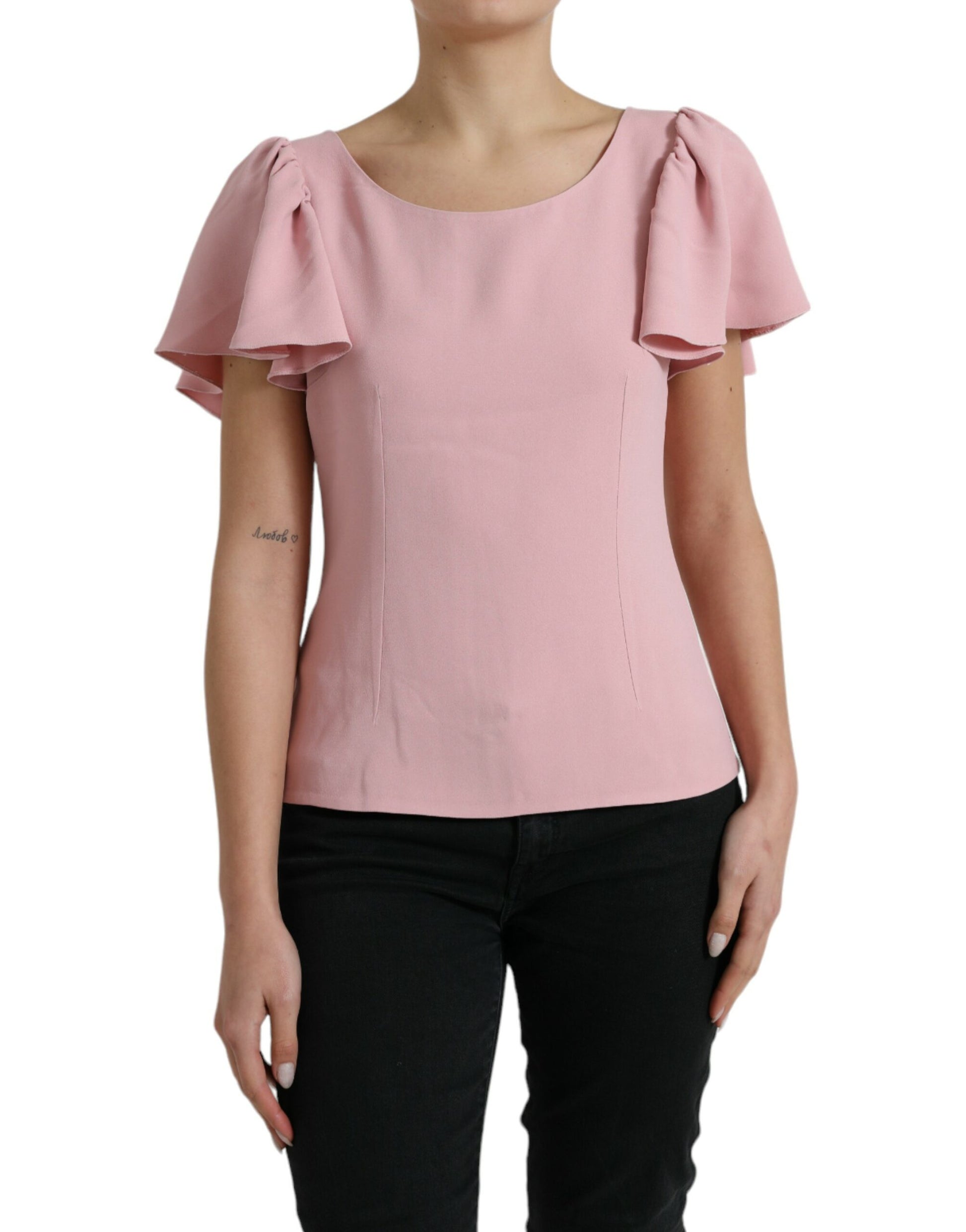 Roze blousetop met korte mouwen en ronde hals