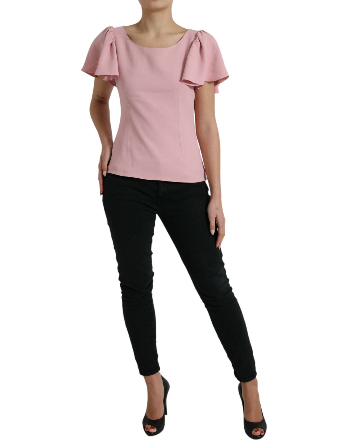 Roze blousetop met korte mouwen en ronde hals