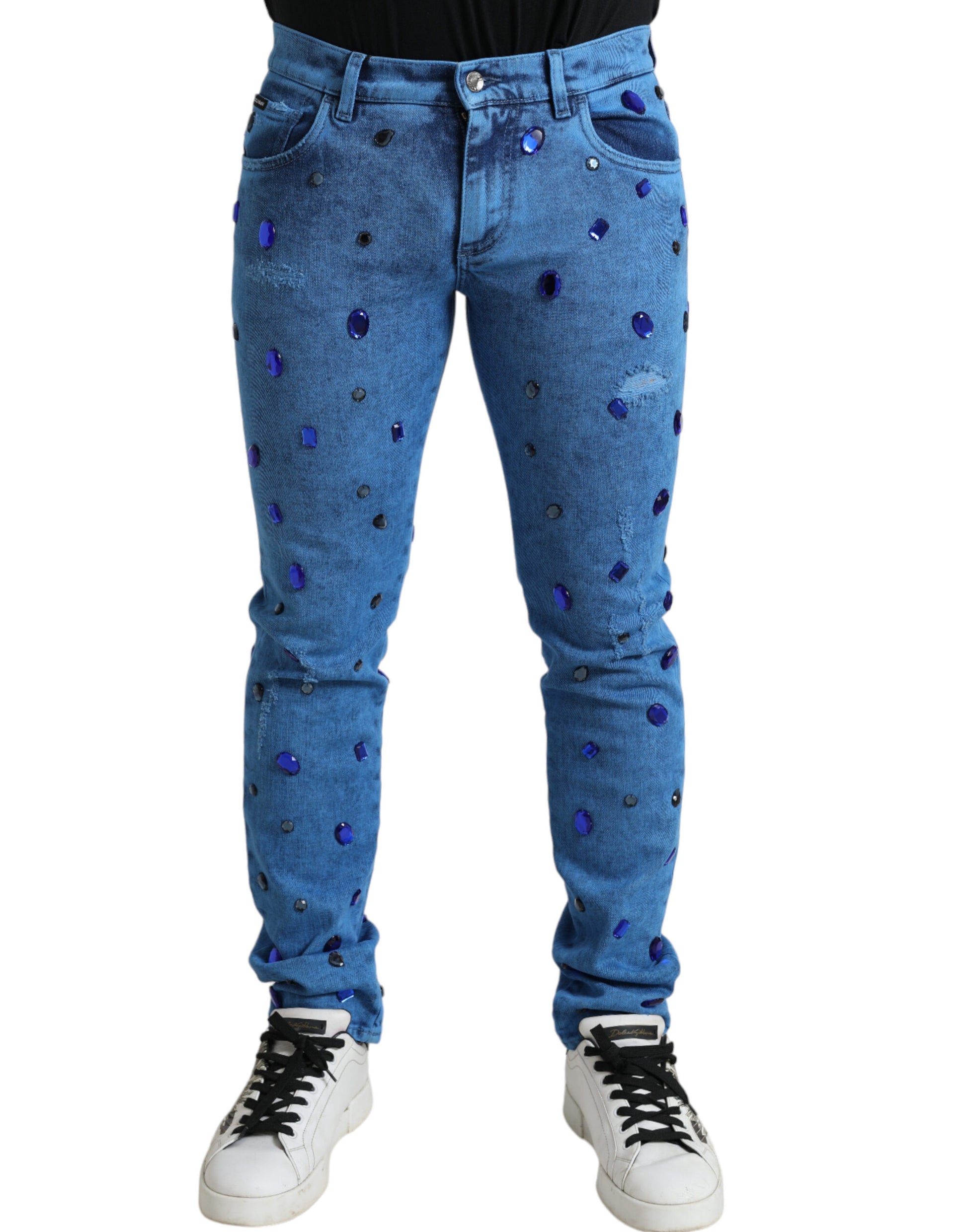 Blauwe, met kristallen verfraaide skinny denimjeans