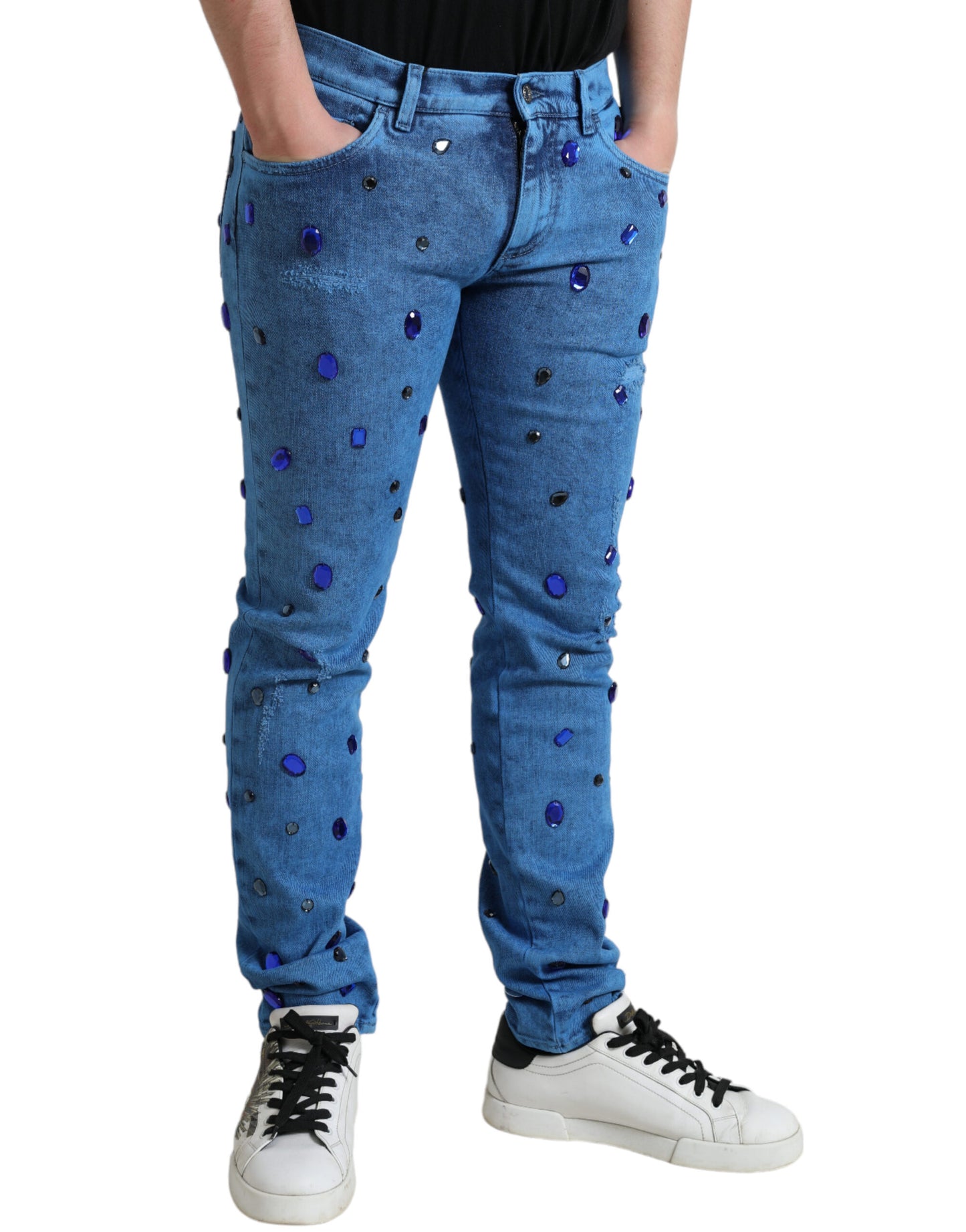 Blauwe, met kristallen verfraaide skinny denimjeans