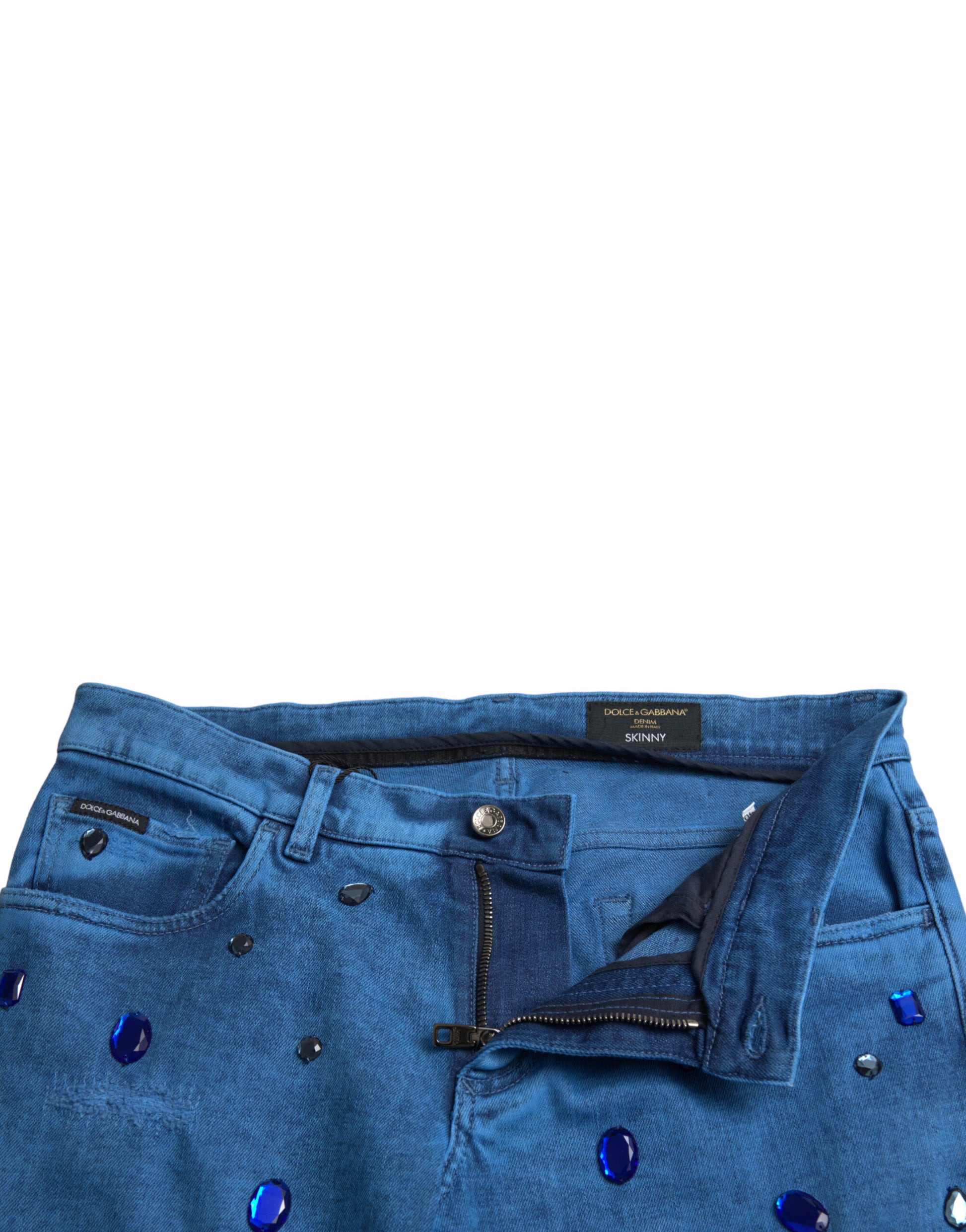 Blauwe, met kristallen verfraaide skinny denimjeans