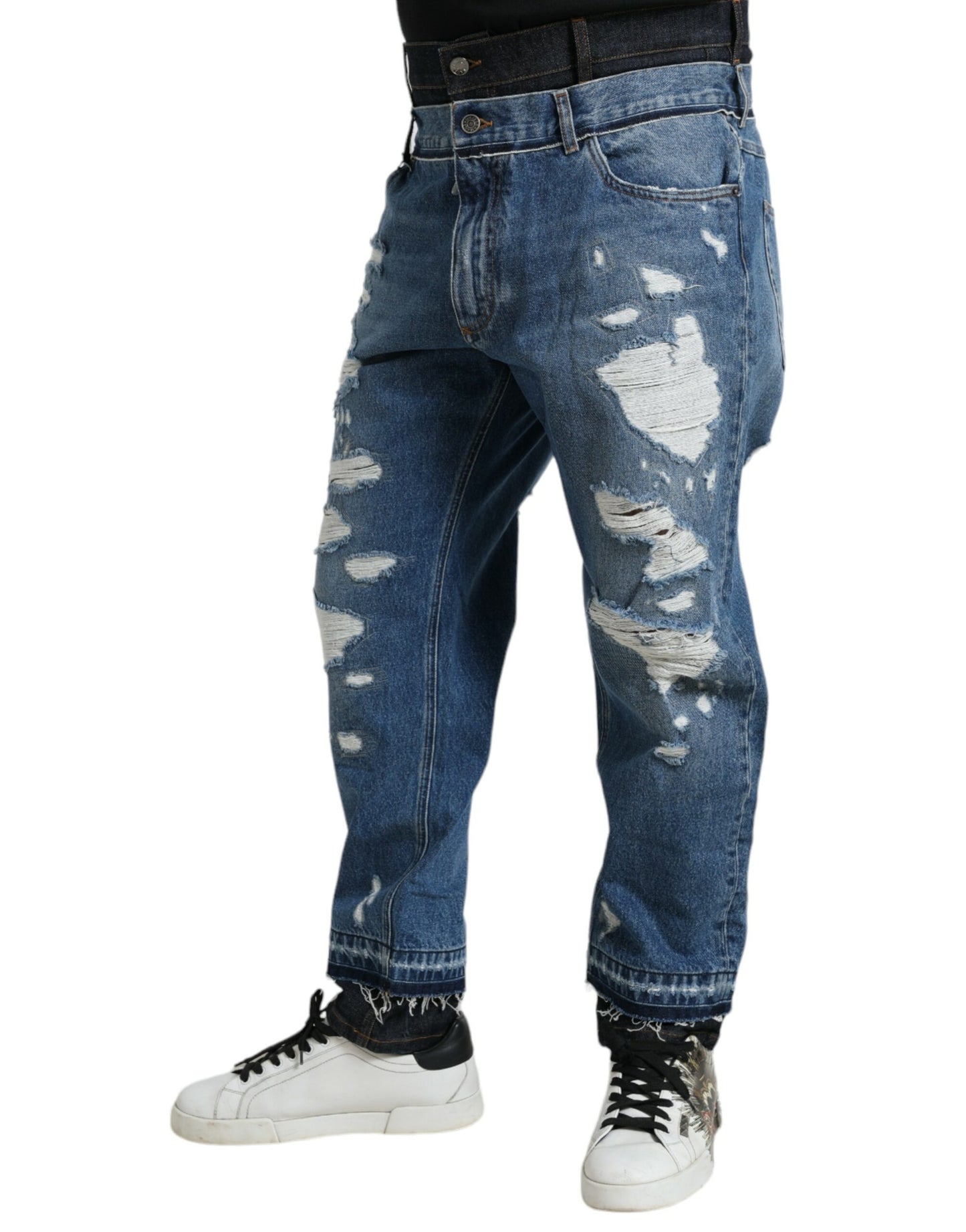 Blauwe gescheurde katoenen herendenimjeans