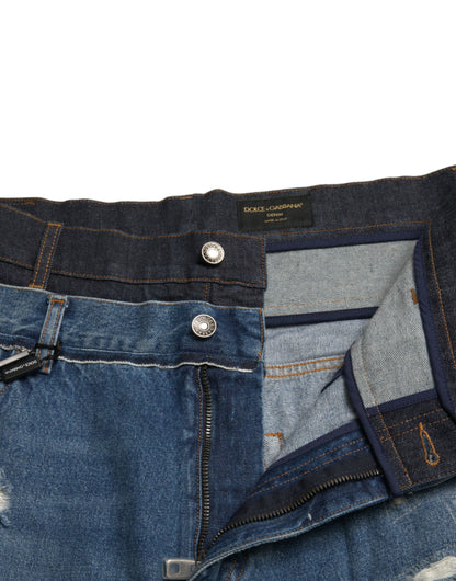 Blauwe gescheurde katoenen herendenimjeans