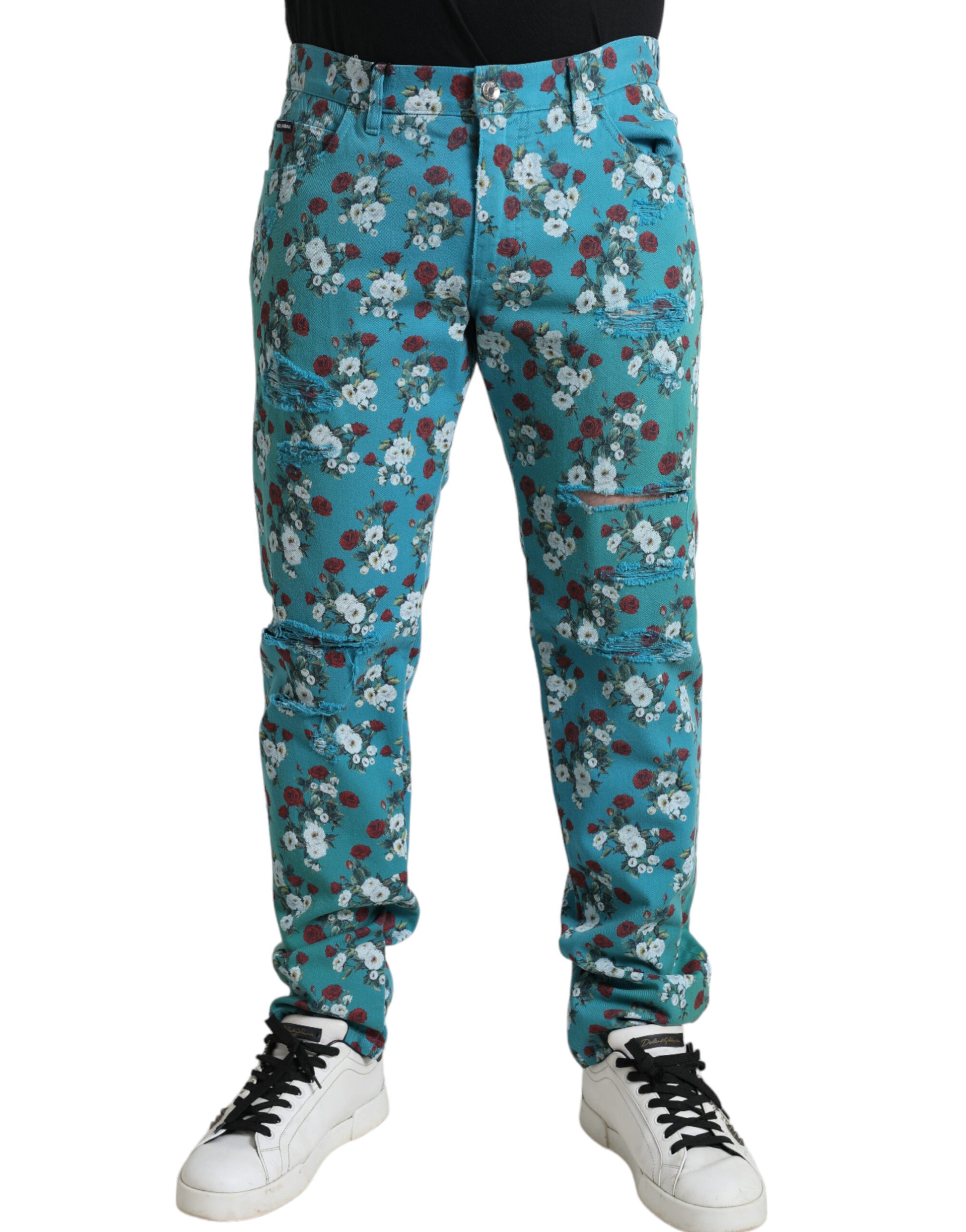 Blauwe skinny katoenen denimbroek met bloemenprint