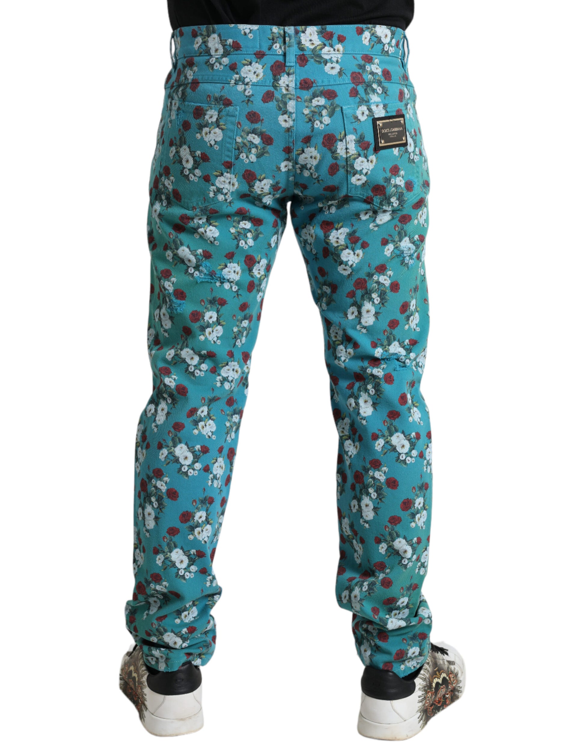 Blauwe skinny katoenen denimbroek met bloemenprint