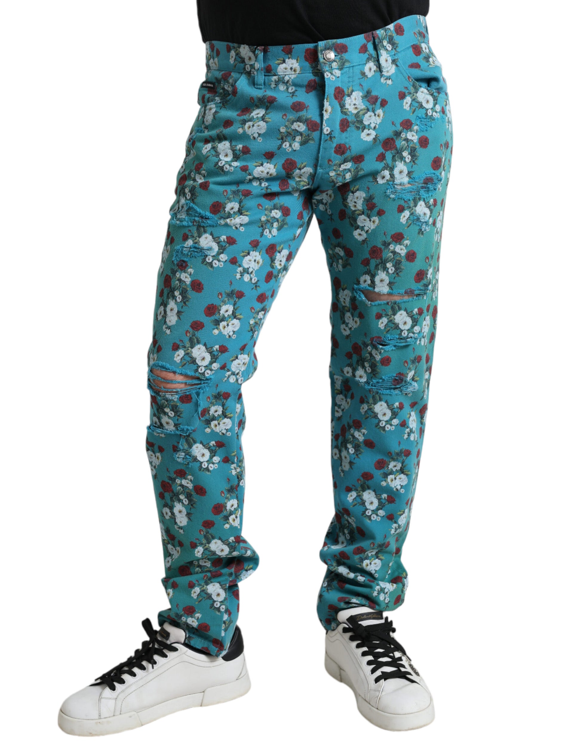 Blauwe skinny katoenen denimbroek met bloemenprint