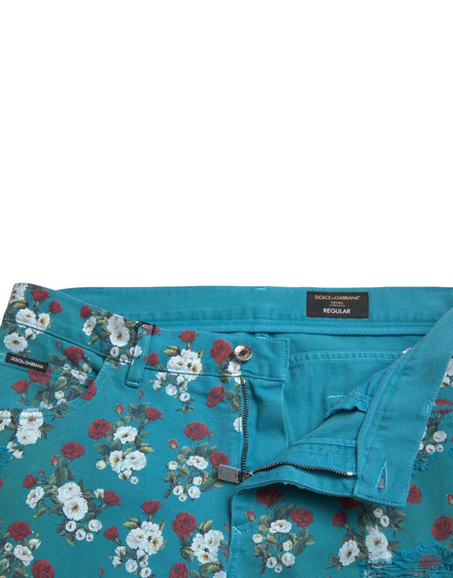 Blauwe skinny katoenen denimbroek met bloemenprint