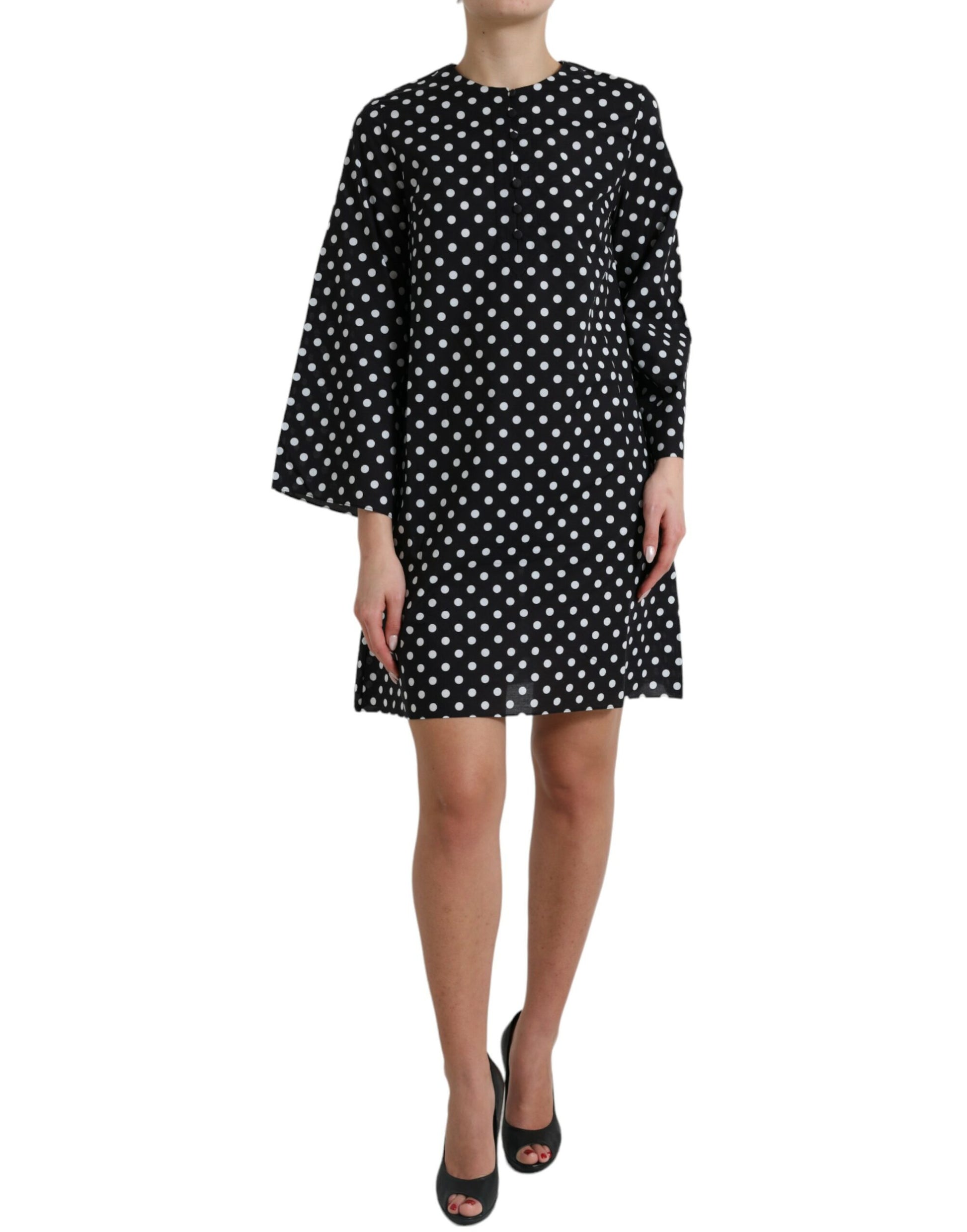 Zwart witte polka dot nylon shift mini-jurk