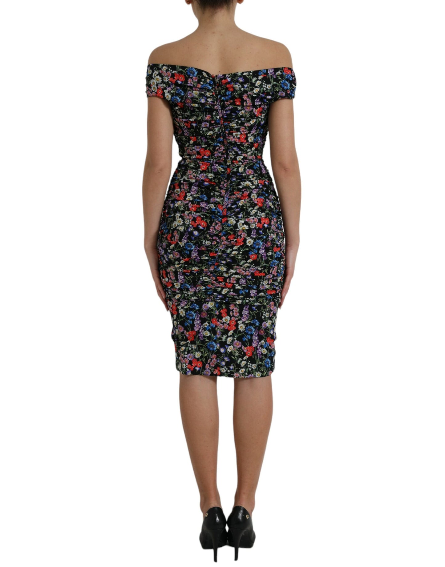 Veelkleurige bloemen schede off-shoulder jurk