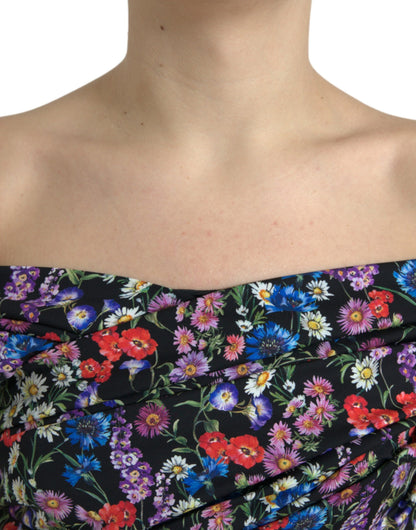 Veelkleurige bloemen schede off-shoulder jurk