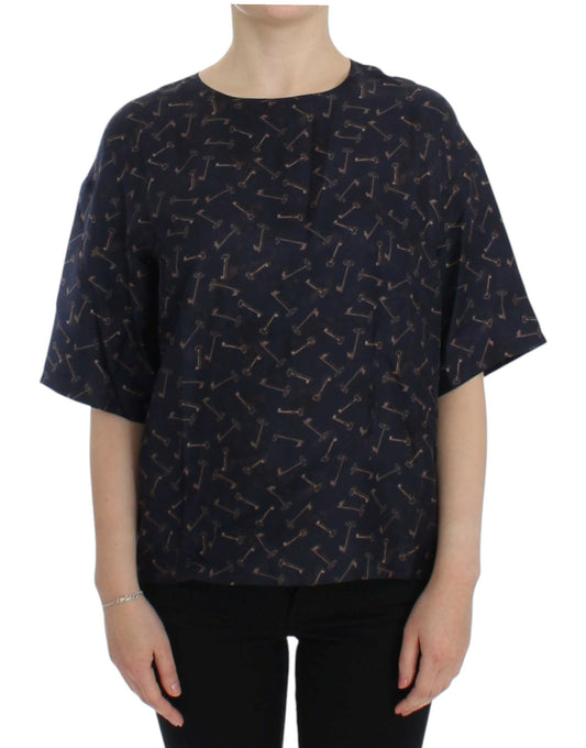 Blauwgouden zijden blouse met sleutelprint