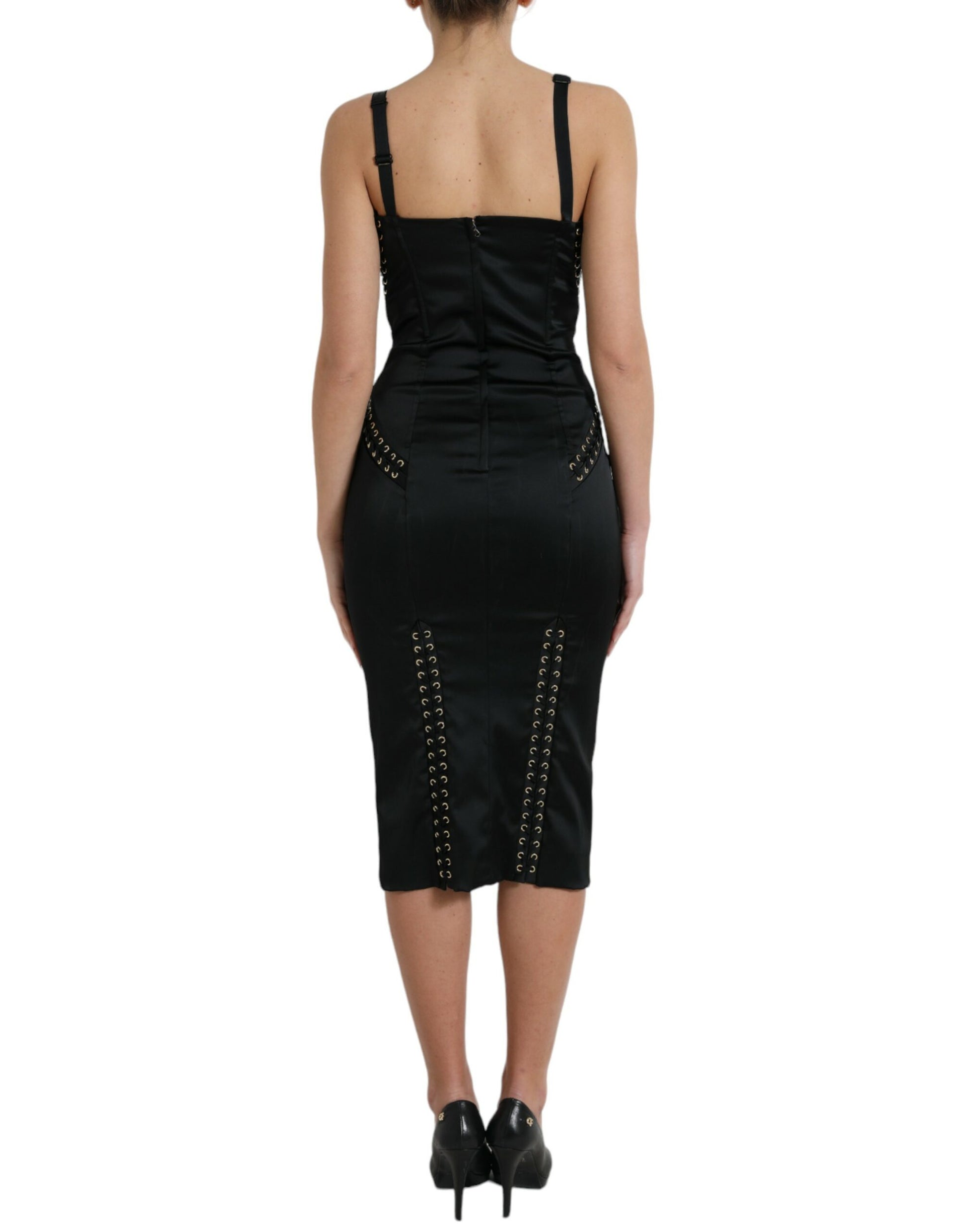 Zwarte bustier korset kanten bodycon midi-jurk