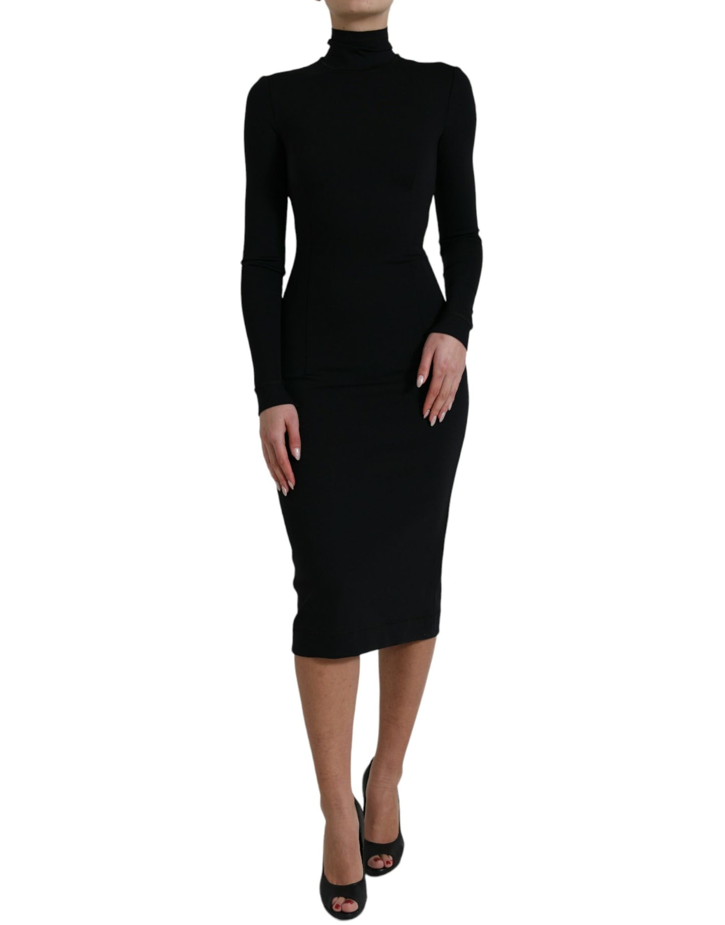 Zwarte bodycon-jurk met lange mouwen en col