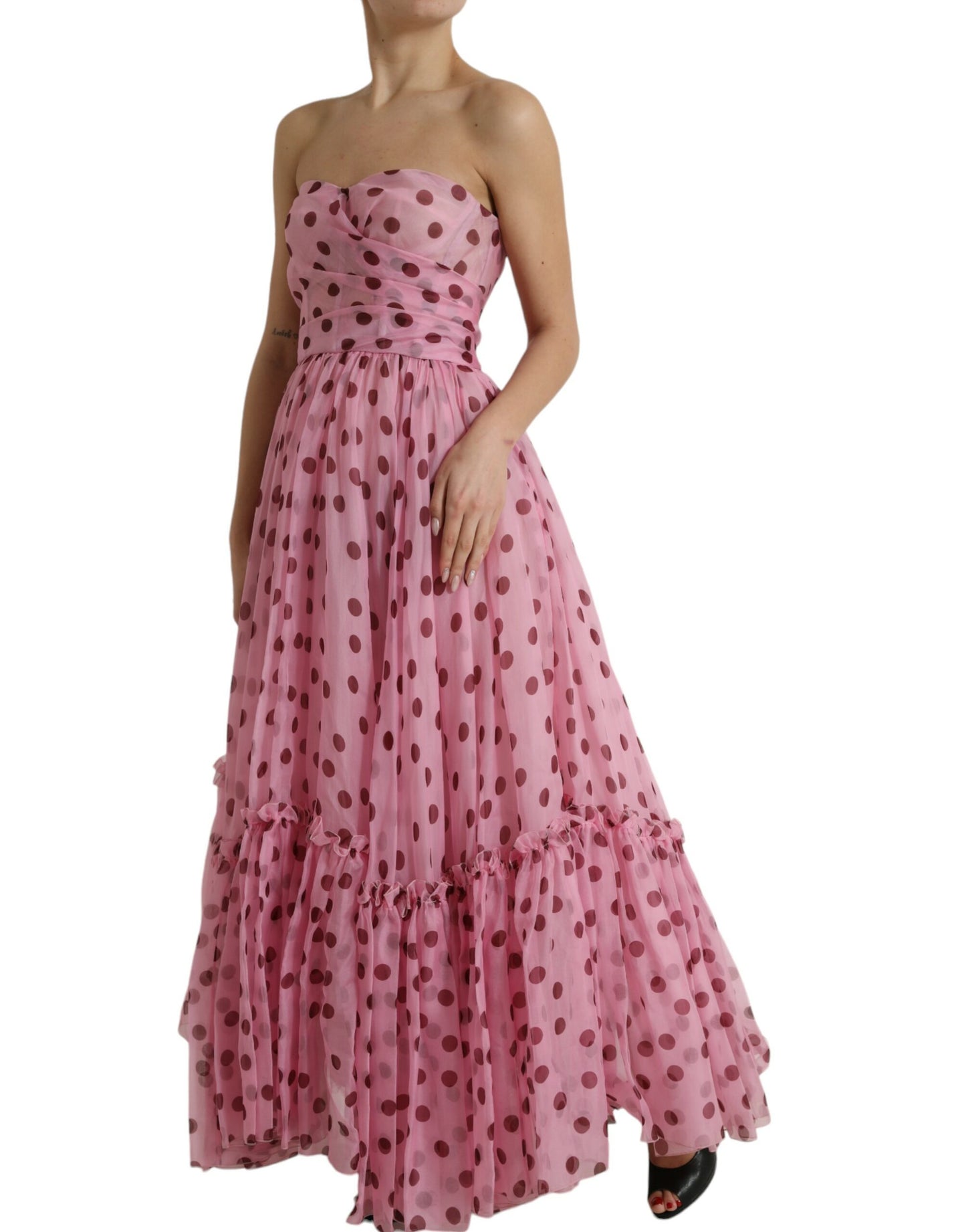 Roze stippen A-lijn strapless jurk