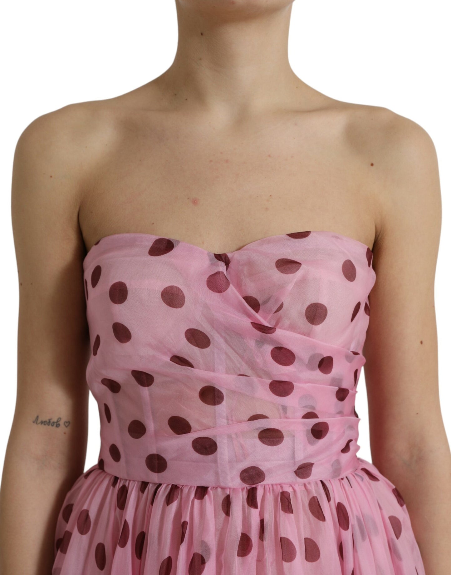 Roze stippen A-lijn strapless jurk