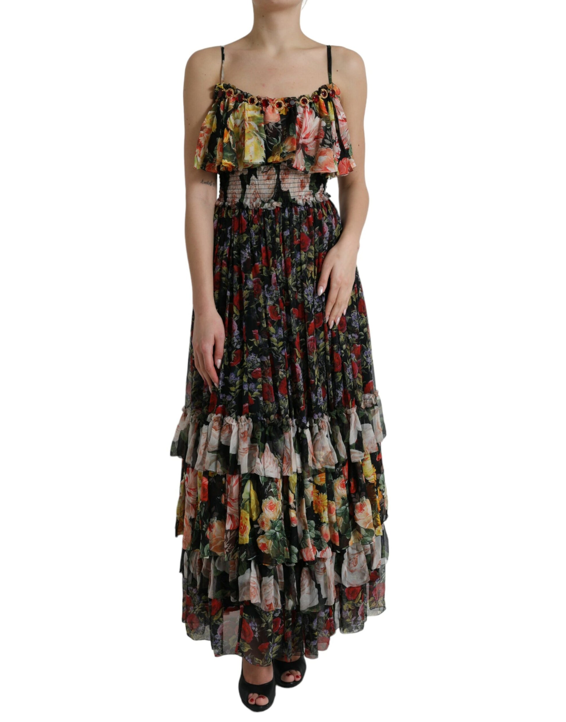 Meerkleurige maxi-jurk van chiffon met bloemenprint