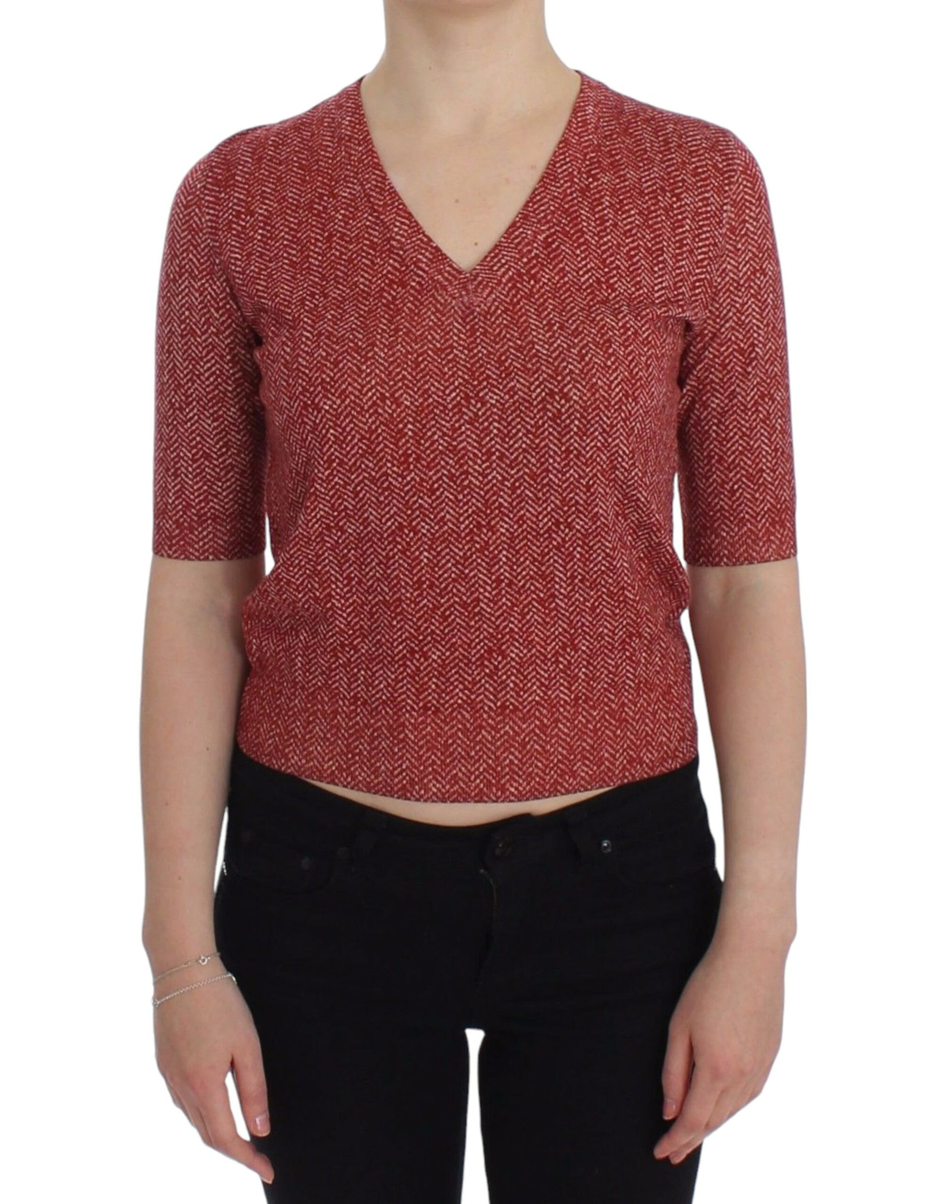 Encantador suéter rojo con cuello en V de tweed