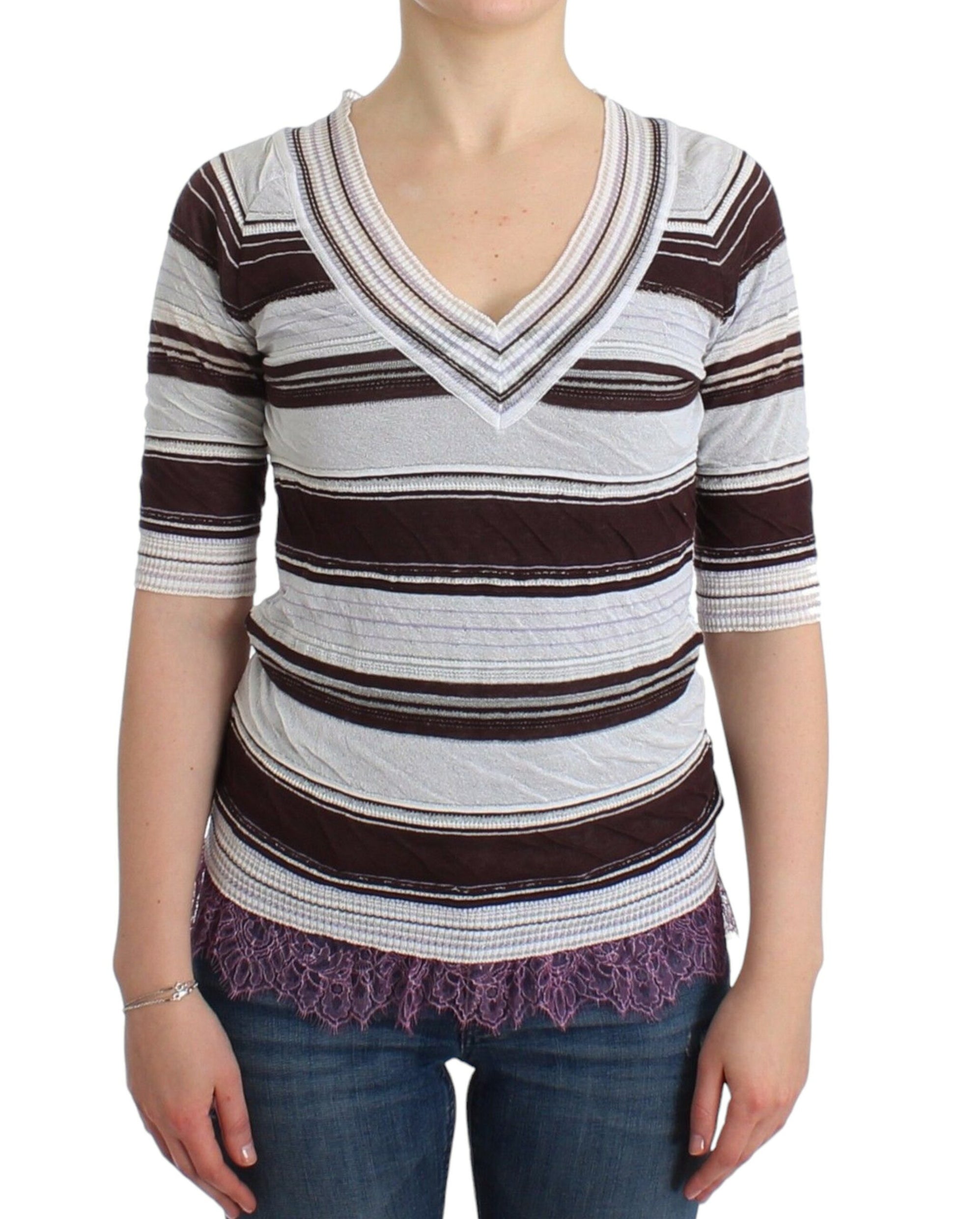 Striped V-Neck Knit Top with Lace Hem