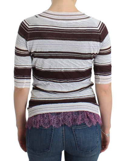 Striped V-Neck Knit Top with Lace Hem