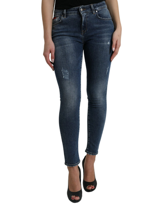 Donkerblauwe gewassen skinny denim jeans met middelhoge taille