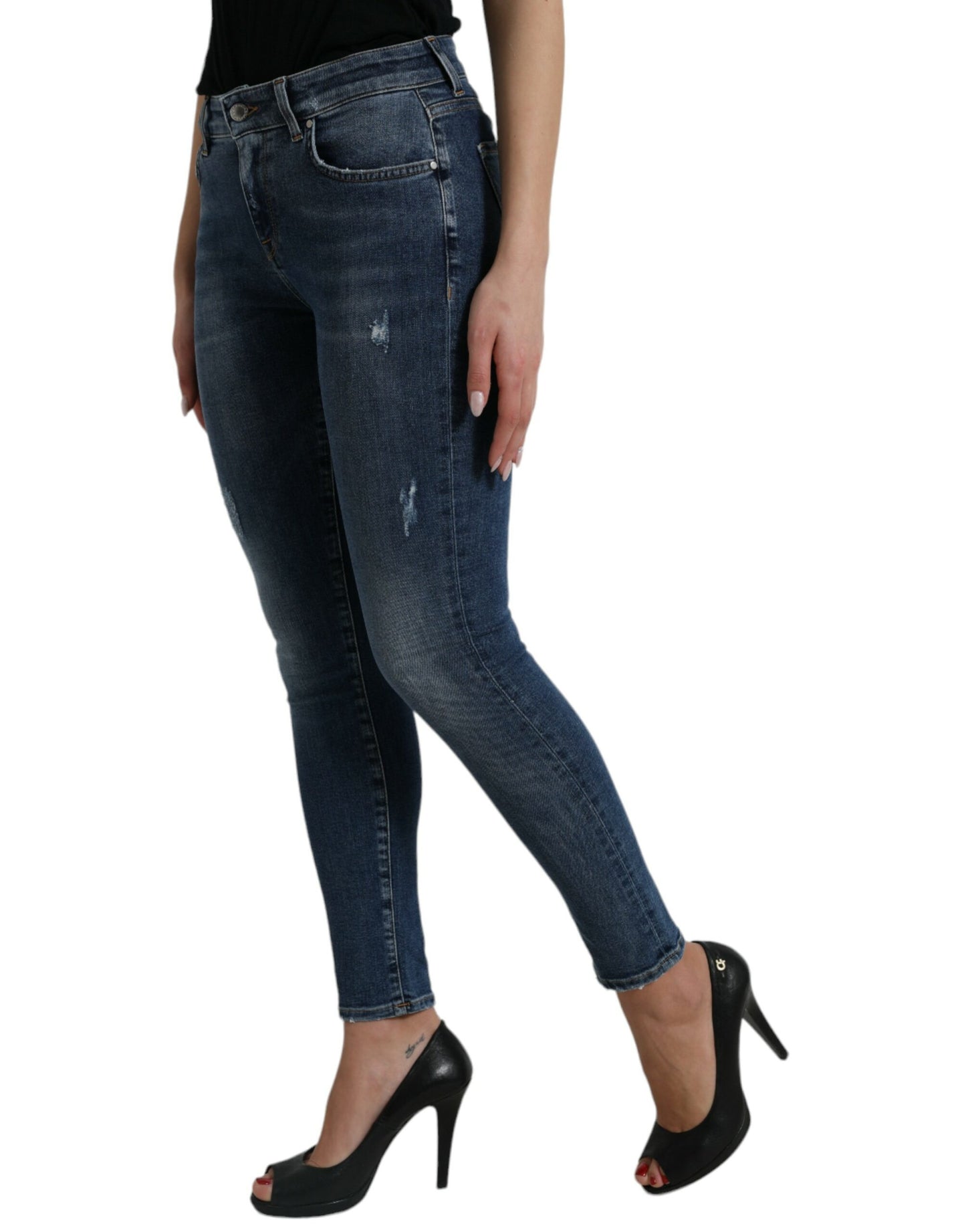 Donkerblauwe gewassen skinny denim jeans met middelhoge taille