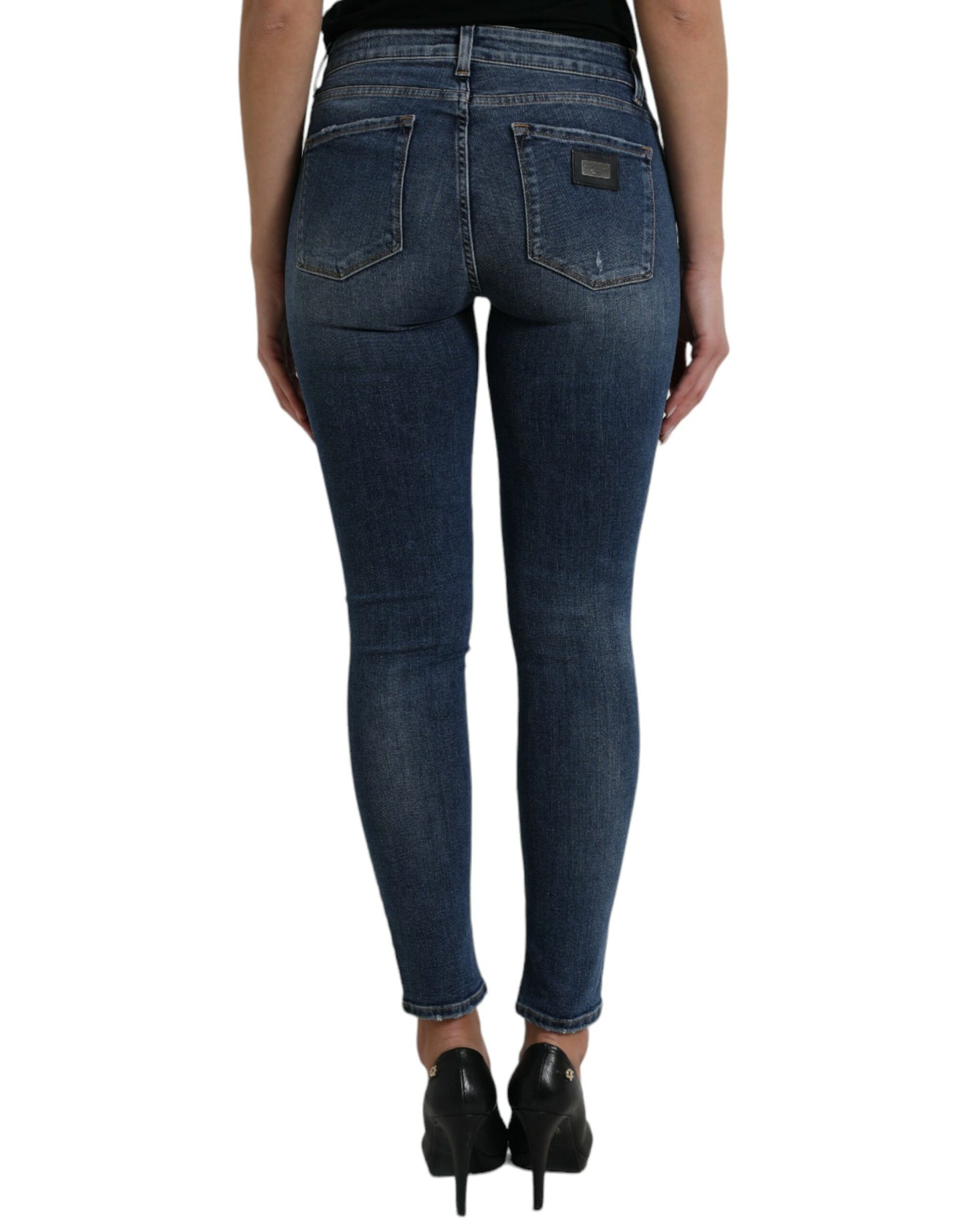 Donkerblauwe gewassen skinny denim jeans met middelhoge taille