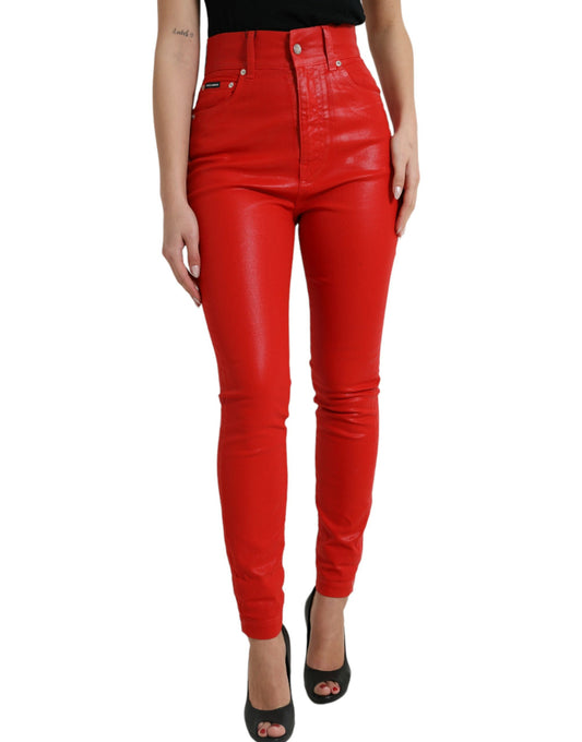 Rode katoenen skinny jeans met hoge taille