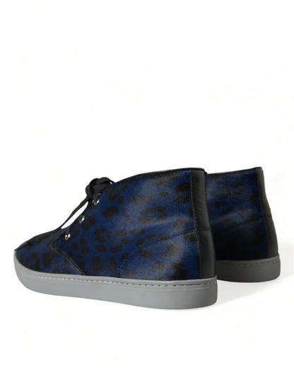 Blauwe kalfsleer luipaard mid-top sneakers schoenen