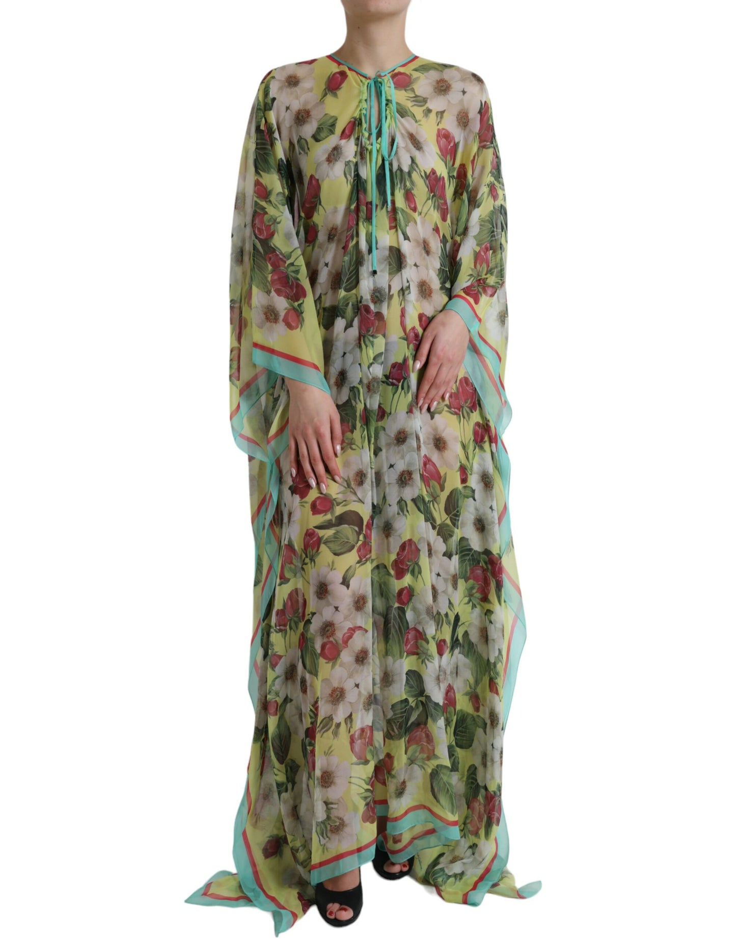 Veelkleurige zijden kaftan maxi-jurk met bloemen