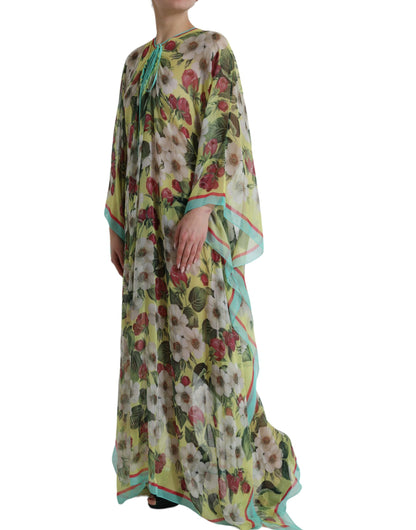 Veelkleurige zijden kaftan maxi-jurk met bloemen