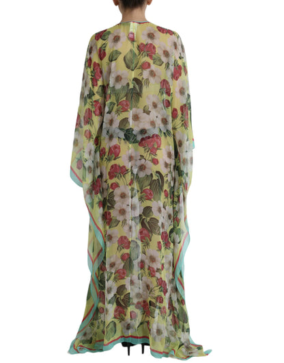 Veelkleurige zijden kaftan maxi-jurk met bloemen