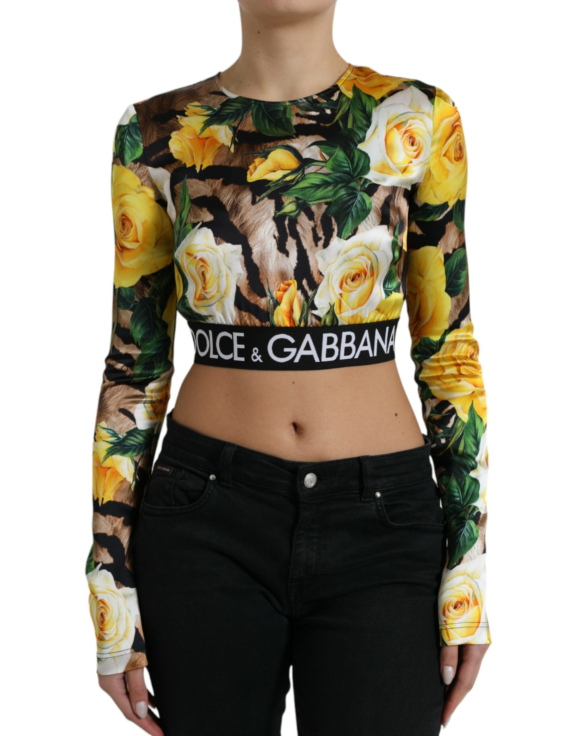 Veelkleurige cropped top met lange mouwen en bloemen