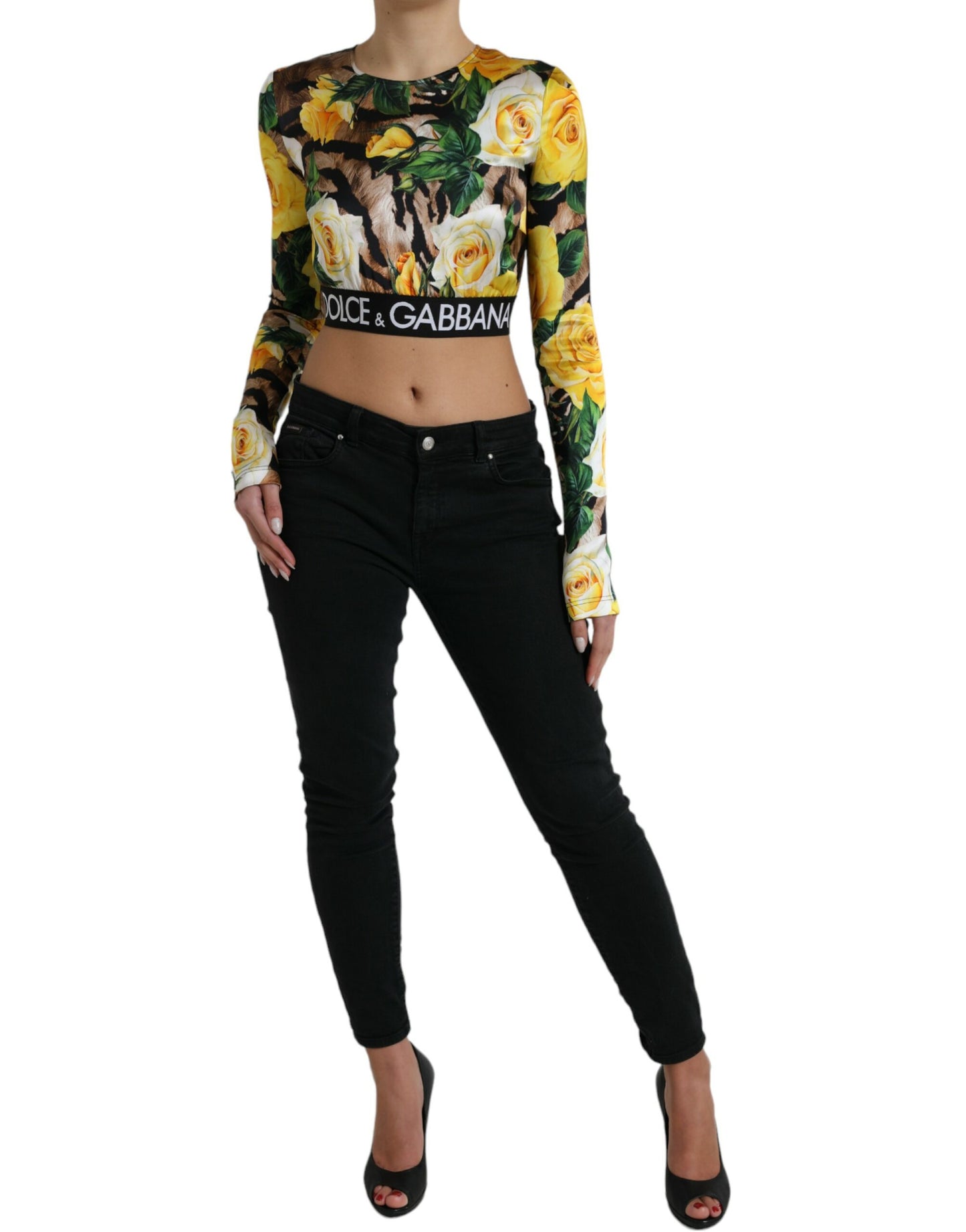 Veelkleurige cropped top met lange mouwen en bloemen