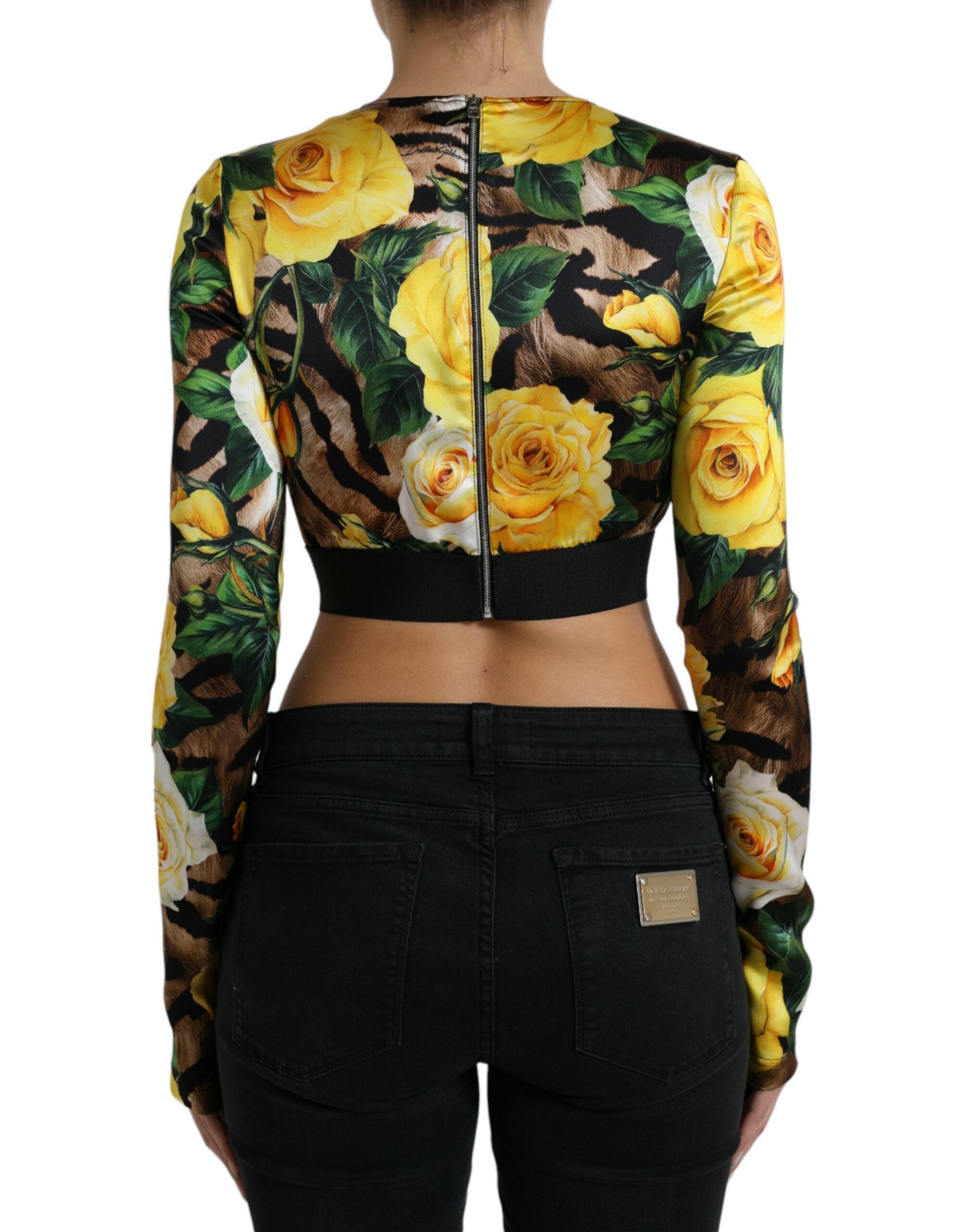 Veelkleurige cropped top met lange mouwen en bloemen