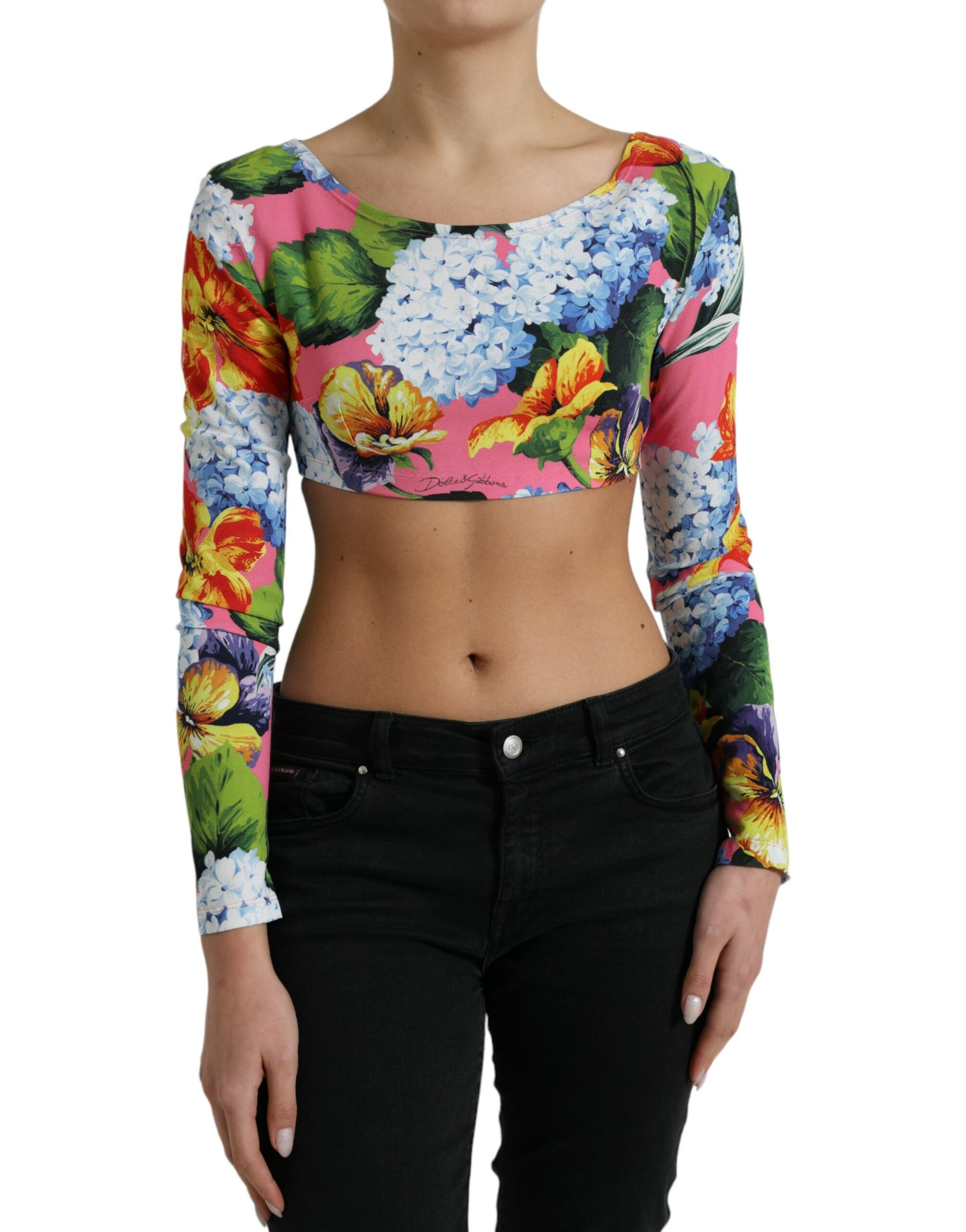 Veelkleurige cropped top met lange mouwen en bloemen