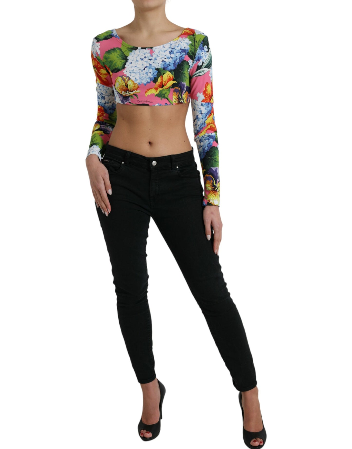 Veelkleurige cropped top met lange mouwen en bloemen