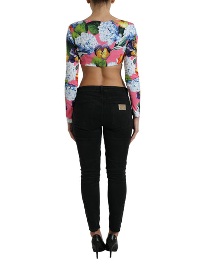 Veelkleurige cropped top met lange mouwen en bloemen