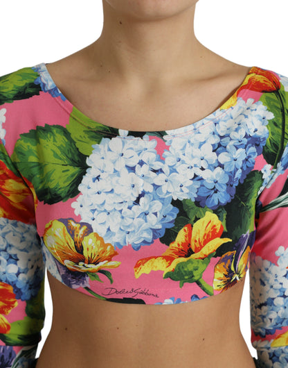 Veelkleurige cropped top met lange mouwen en bloemen