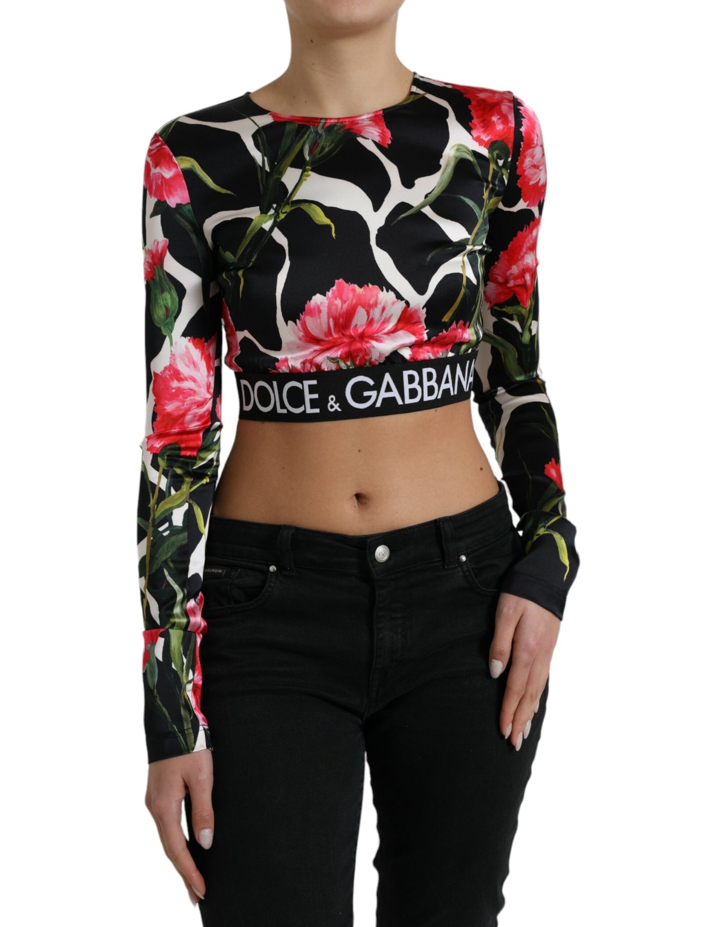 Veelkleurige cropped top met lange mouwen en bloemen