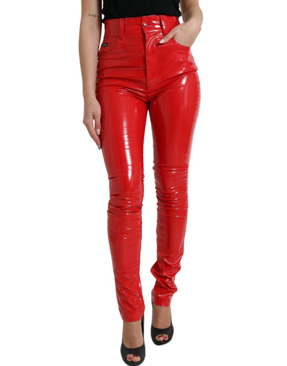 Glanzende rode skinny broek met hoge taille