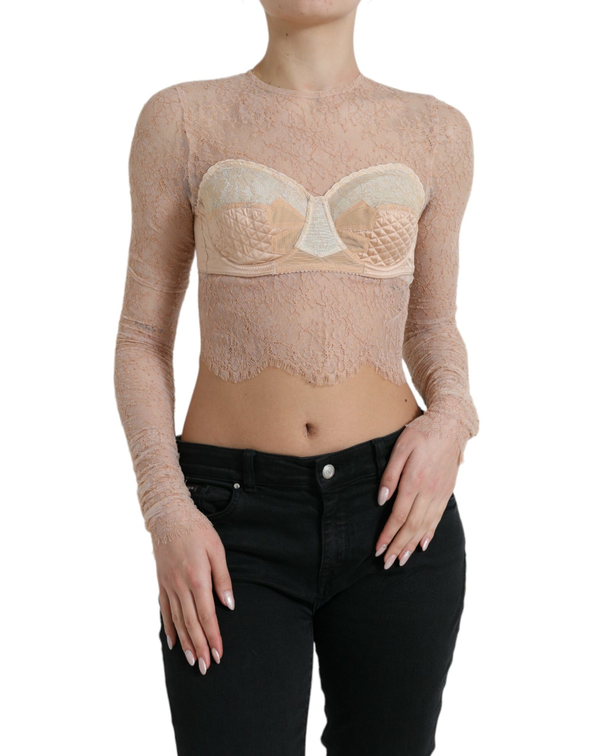 Beige nylon bustier cropped top met bloemenkant