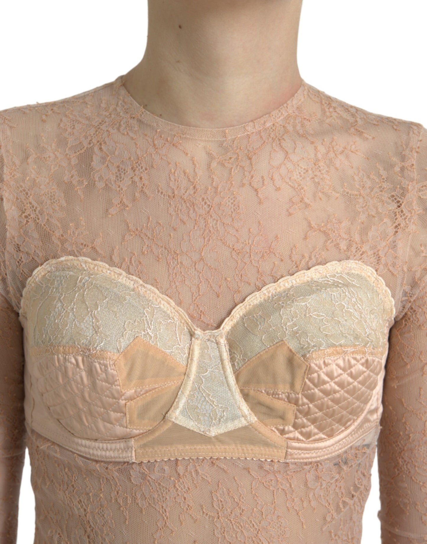 Beige nylon bustier cropped top met bloemenkant