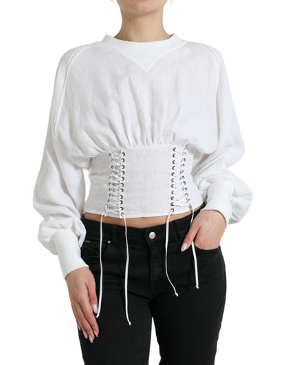 Wit katoenen korset cropped top met lange mouwen